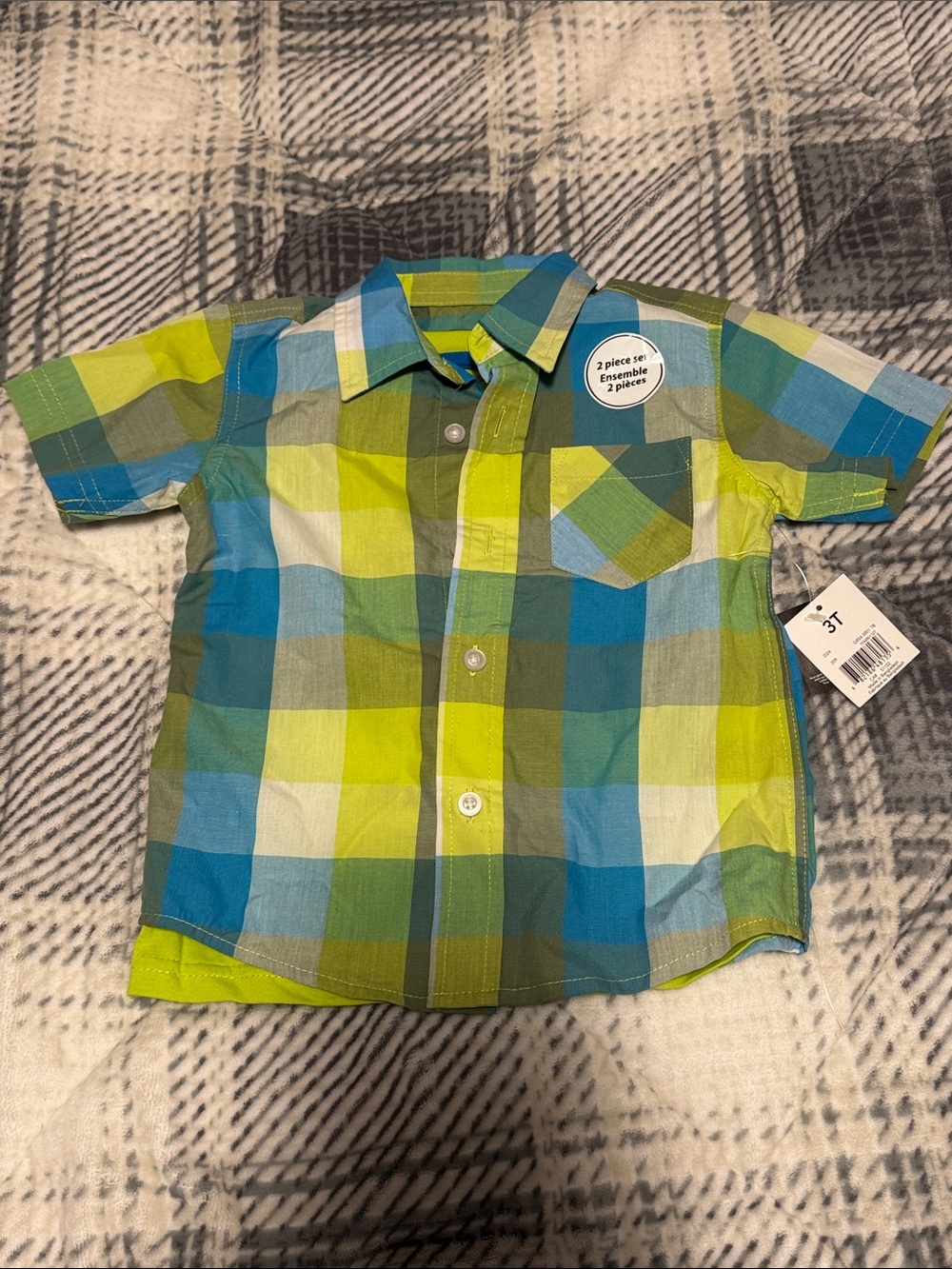 NWT 2 Piece Boys Plaid Button-Front Shirt in Blue & Green and Matching T-Shirt